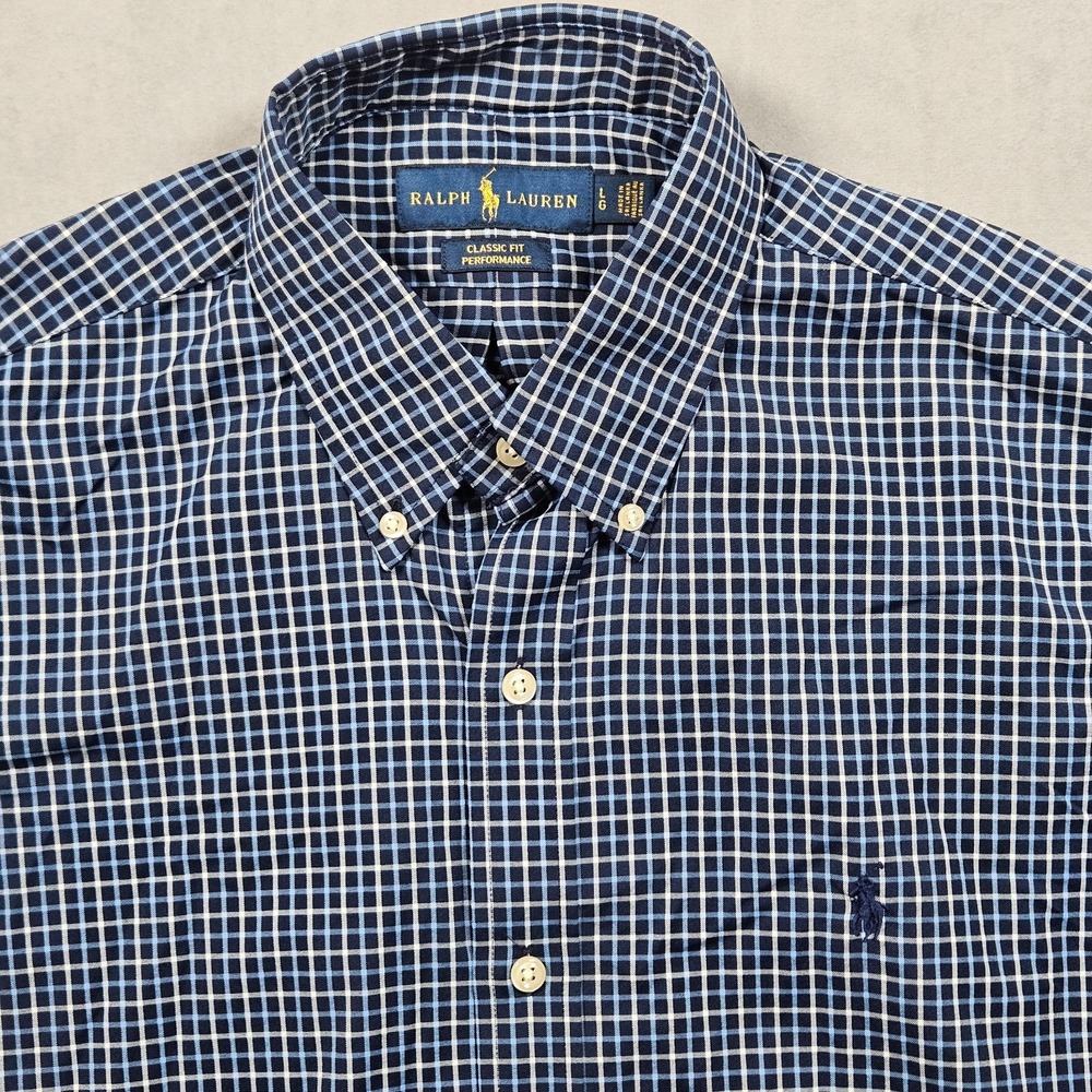 Polo Ralph Lauren Shirt Mens Large Blue Check Classic Fit Performance Pony Logo